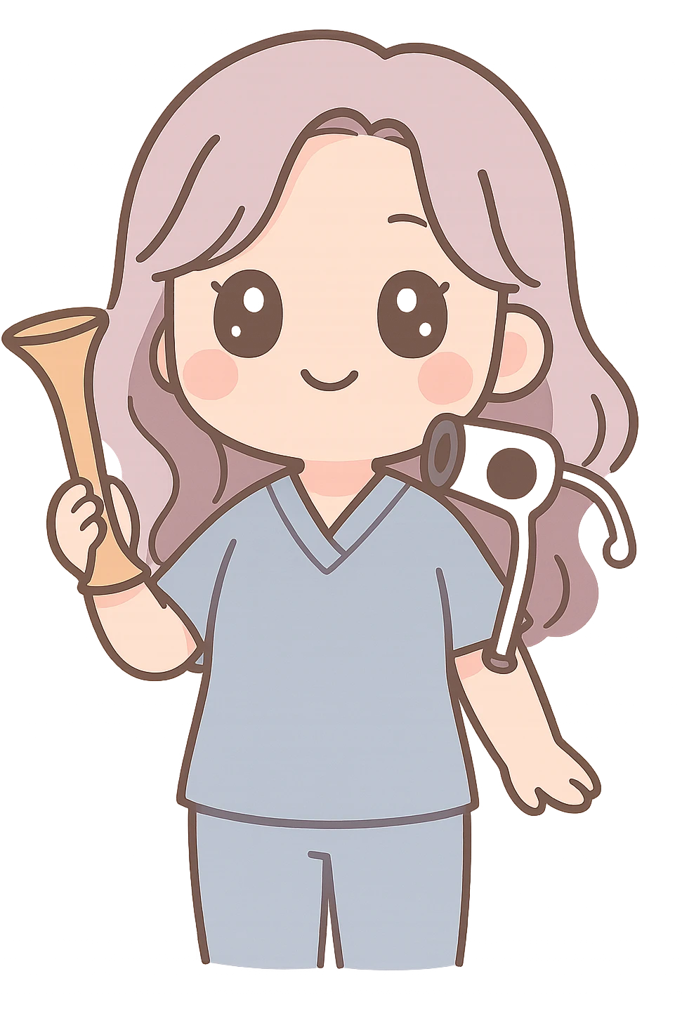 A kawaii style girl with appearance and clothing as in the reference, holding an obstetric stethoscope in one hand, the other hand down, with a larger face. Detailed shadows and highlights, thin clean contours, soft rounded shapes, pastel palette #98B5BC, #B5B3C1, #C9A3C9, #E4C0CA, #F7DCD1, #F7C0AA, soft lighting, transparent background, no decorative elements. emoji