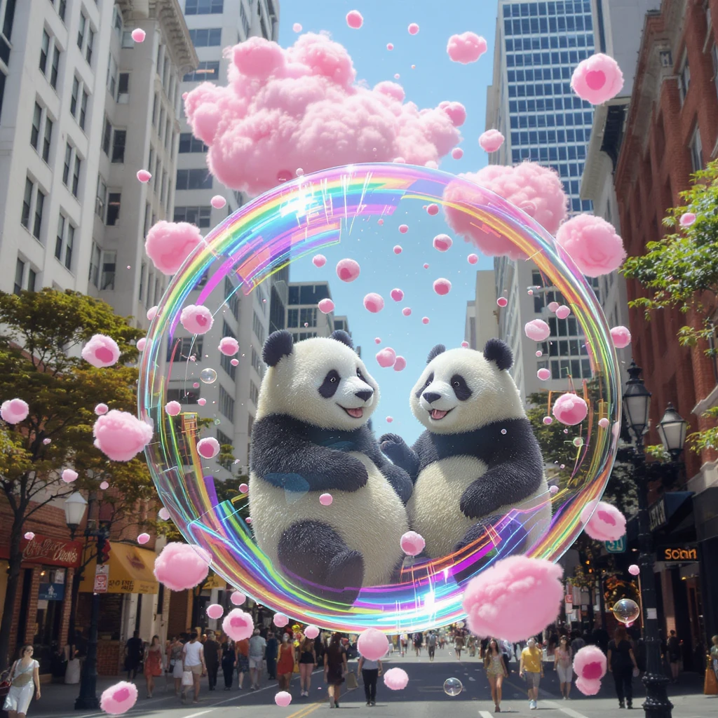 Cinematic still pandas bears sitting inside bubbles flying around San Francisco downtown, sunny summer day, happy vibe, colorfull surround, rainbow, small cute pink clouds around emoji