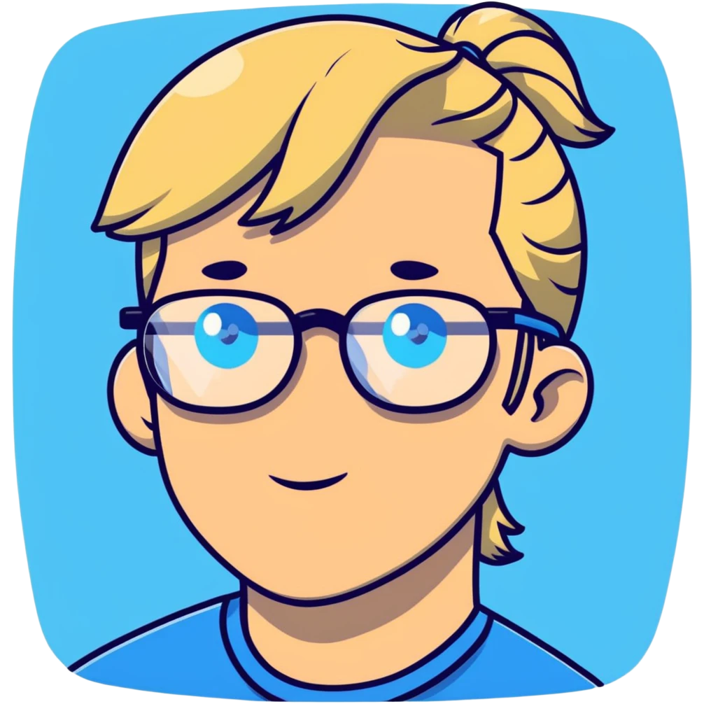 Man with blonde ponytail, round glasses and blue eye emoji