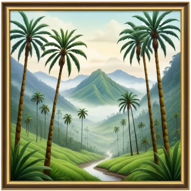 Cinematic Realistic Cocora Valley Landscape Emoji, depicted with towering wax palm trees in a lush, misty valley rendered with rich textures and dynamic, natural lighting. emoji