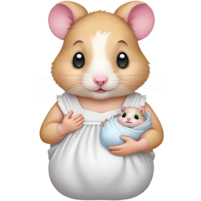 Mama white pretty hamster girl wearing white dress holding a baby hamster wearing nappy  emoji
