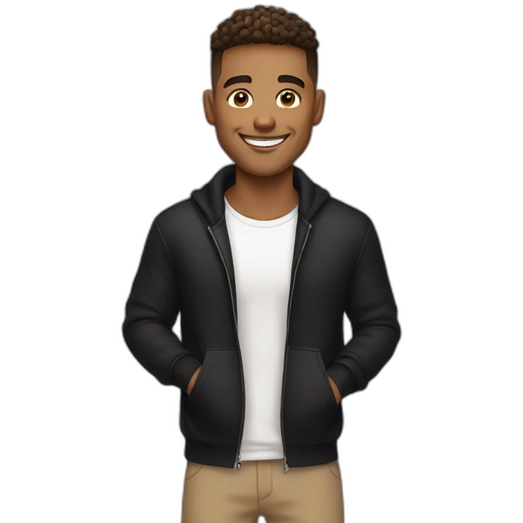 Smiling guy, barber fade haircut, wearing a black quarter zip sweater with white tee shirt under, tan skin tone emoji