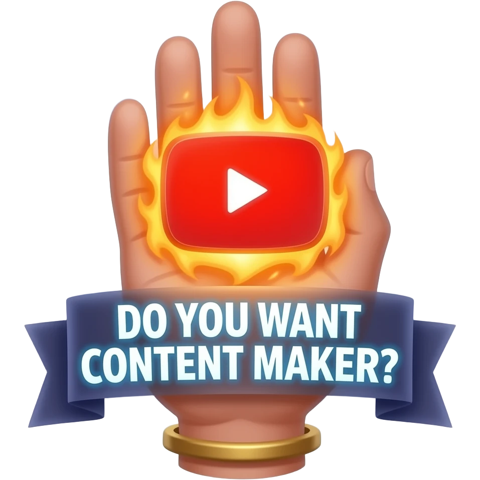 A wizard’s hand holding a glowing, magical YouTube logo like a fire spell. glowing white text on the bellow: "DO YOU WANT CONTENT MAKER?" High fantasy, mystical particles, clean, sticker style emoji