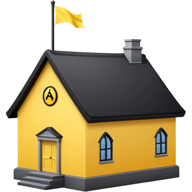 simple magic school, low detail, white background, magic school, black roof, with a big flag, big flag on a roof, big yellow flag, white school emoji