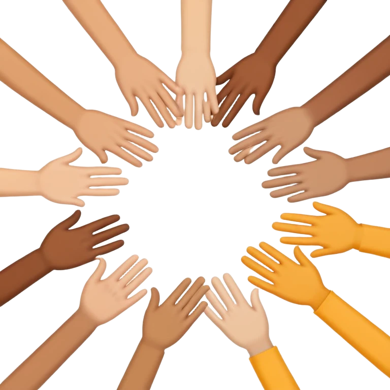 Emoji-style icon showing several diverse hands forming a circle or high-five together, symbolizing unity and team spirit. Flat minimal Apple-style emoji, bright colors, white background, soft shadows. emoji