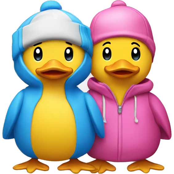 Two yellow ducks where one is a boy with a blue cap and the other a girl with a pink  emoji