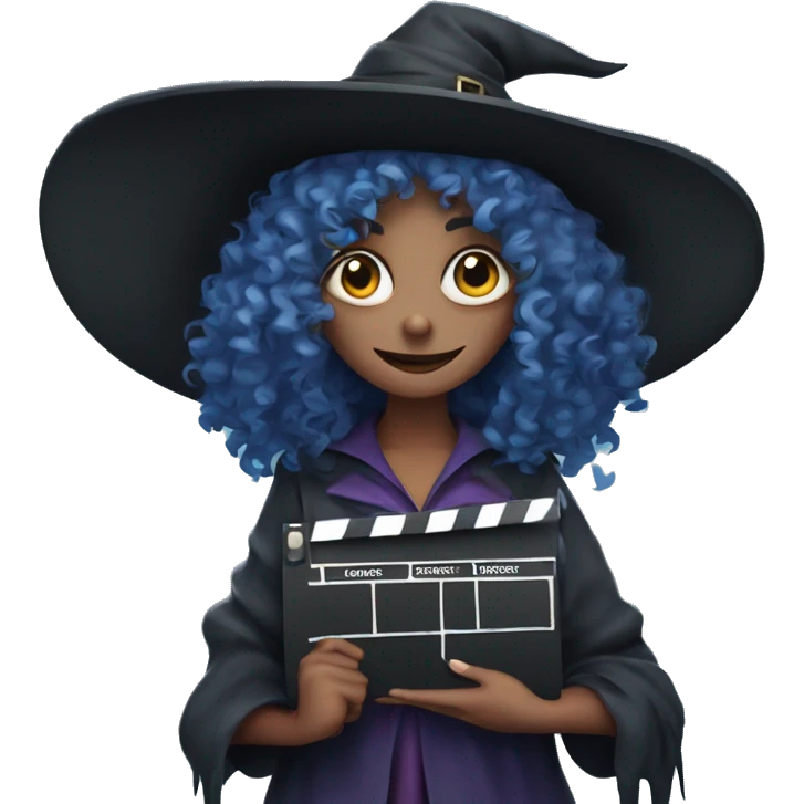 blue-curly-haired witch with a clapperboard in her hands emoji