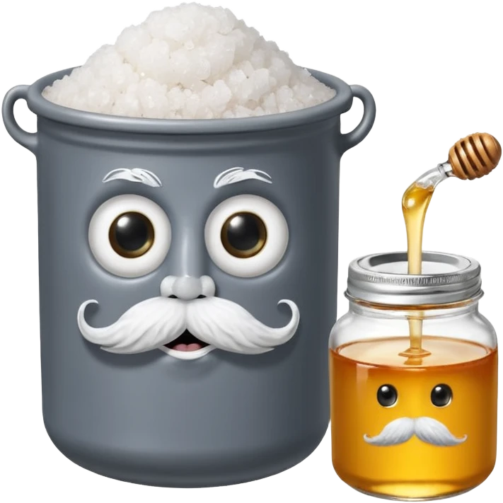 Garama and Madundung are together a gray container of salt and a honey container with a cloth on top. They each have eyes with white in the middle, a mouth, nose, and mustache both customary to their colors. They have hairy legs and emit an aura of salt (Garama), and honey (Madundung). emoji