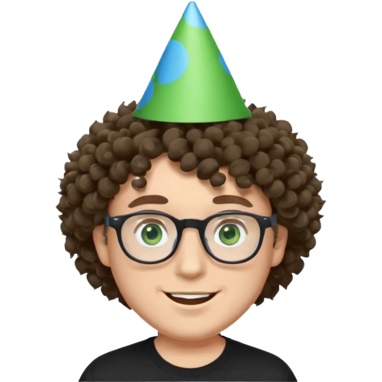 A white guy with curly brown hair and green eyes with a happy face, and wear square black glasses.He’s also got a full silver birthday party hat on his head with blue pom poms on top of it, and his T-shirt is all black, he wears a little gold circle earrings on his left  emoji