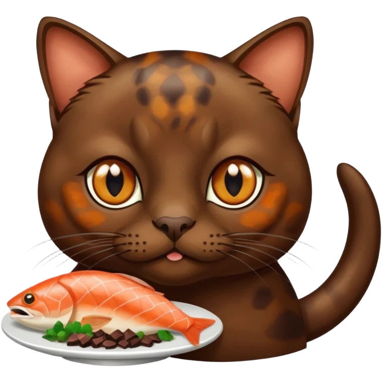 dark chocolate brown burmese cat with tortoise shell fur with small patchy areas and amber eyes eating salmon emoji