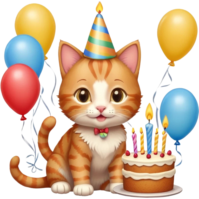 Ginger tabby kitten celebrates birthday, birthday hat, birthday cake, one candle, balloons, happy, gifts emoji
