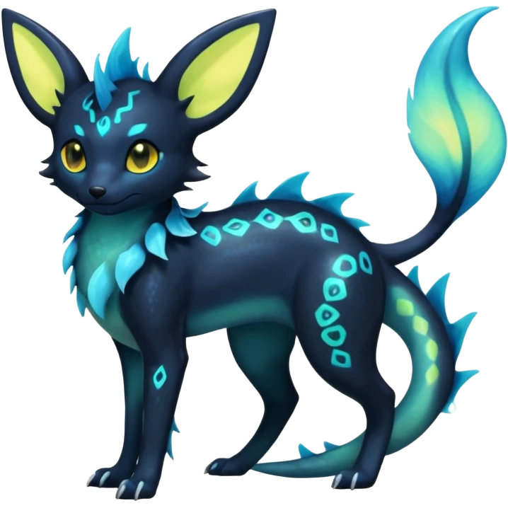 Shiny Aural Iridescent Fluorescent Bioluminescent Umbreon-Amaura-Salandit-Vaporeon-Fakémon-fusion (full body) emoji