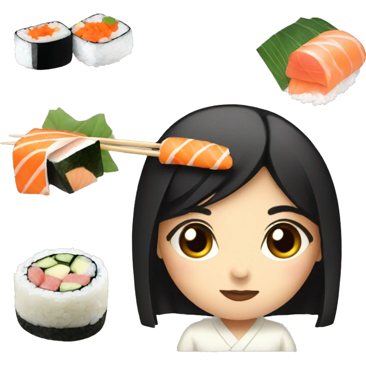 Japanese girl with black hair eating sushi emoji