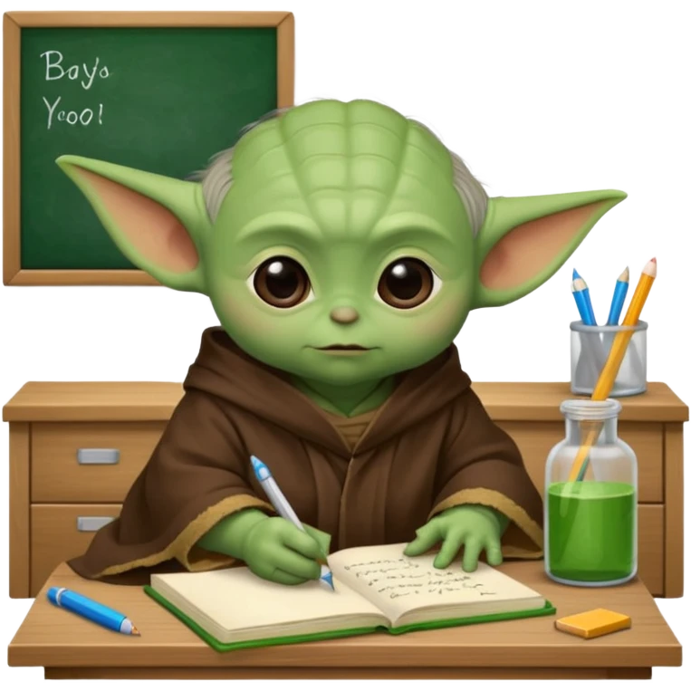 Baby Yoda con su tunica chocolate escribiendo en un cuaderno sobre un escritorio en un aula de clases emoji