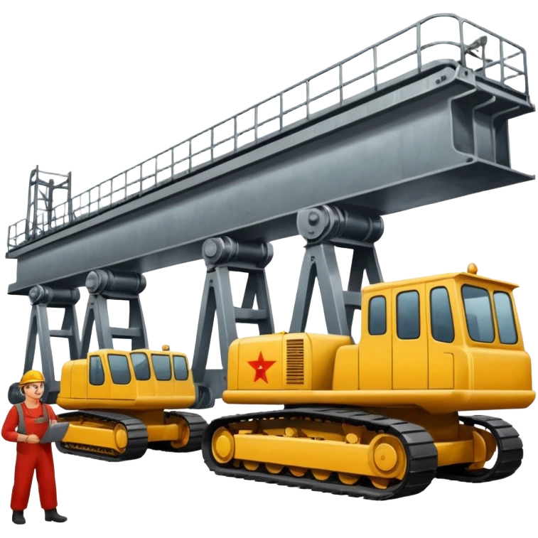 Soviet heavy equipment plant, assembly line, workers, steel beams, propaganda posters emoji