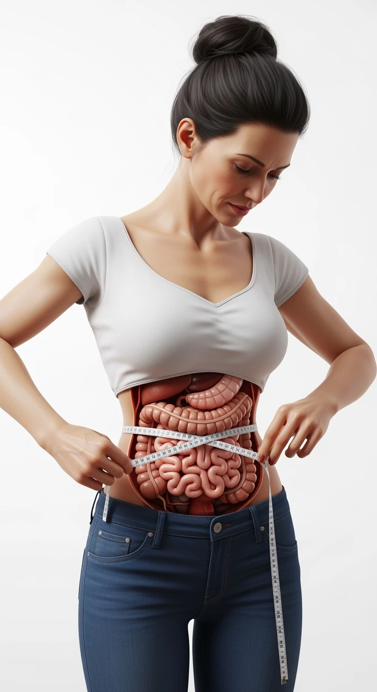 DONNA CHE SI STRINGE I FIANCHI CON LE MANI PER MISURARLI, INTESTINO ANATOMICO REALISTICO IN EVIDENZA, iperrealistico 4k, SENZA METRO, ISOLATA SU SFONDO BIANCO emoji