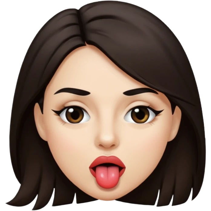 woman with dark brown hair wearing black band over eyes with tongue out emoji