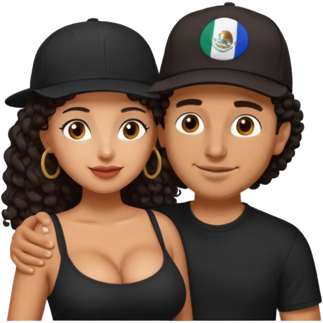 A picture of an embracing tanned couple. the man is a Mexican man with tanned skin, with a bald hair cut wearing a SnapBack hat and a black shirt. the woman is shorter, with long curly dark brown hair and with big boobs   emoji