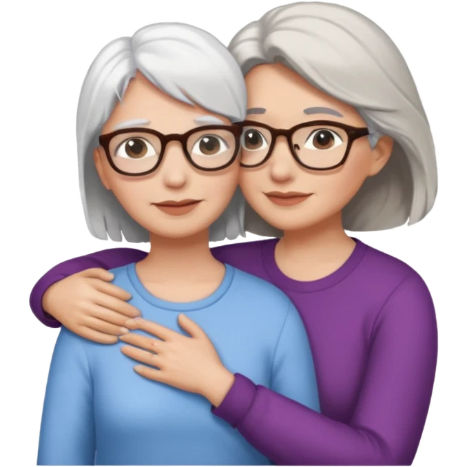 Abrazo de Madre de 60 años con pelo blanco y gafas y hija con pelo morena sin gafas emoji