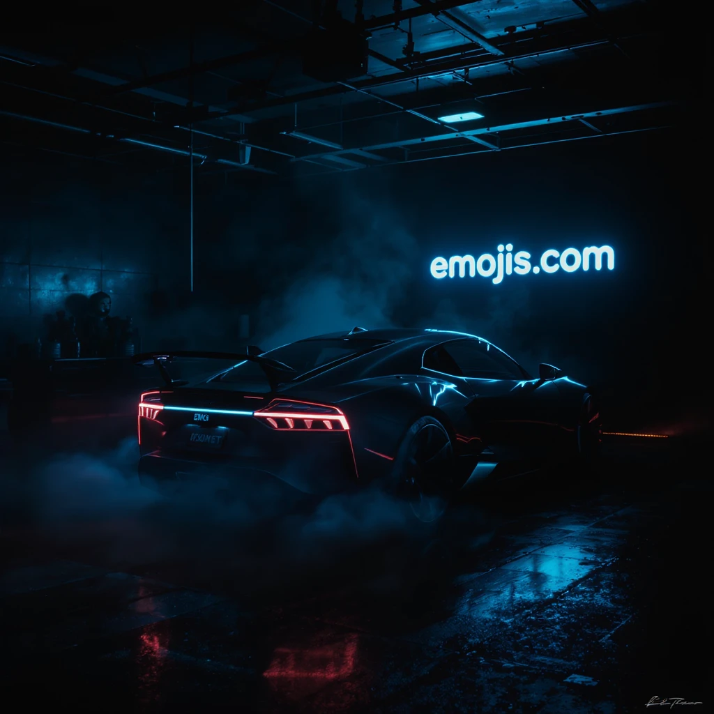 Cinematic still of a futuristic car parked in dark garage with led behind saying "emojis.com", room fill with haze, very detailed and futuristic ,inspired by cyberpunk 2077 emoji