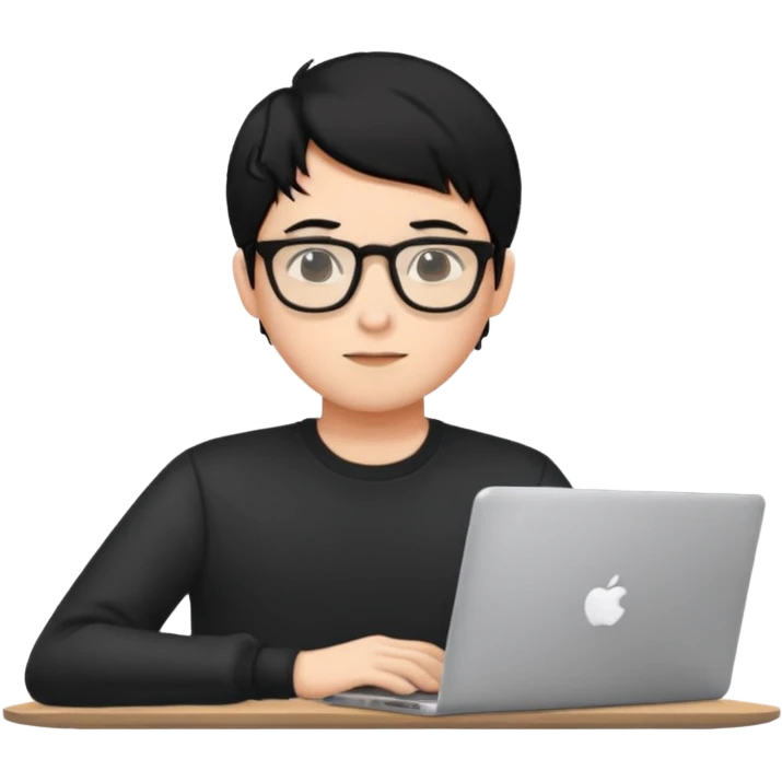 un estudiante con lentes y su laptop CON CAMISA MANGA LARGA Y CABELLO NEGRO emoji