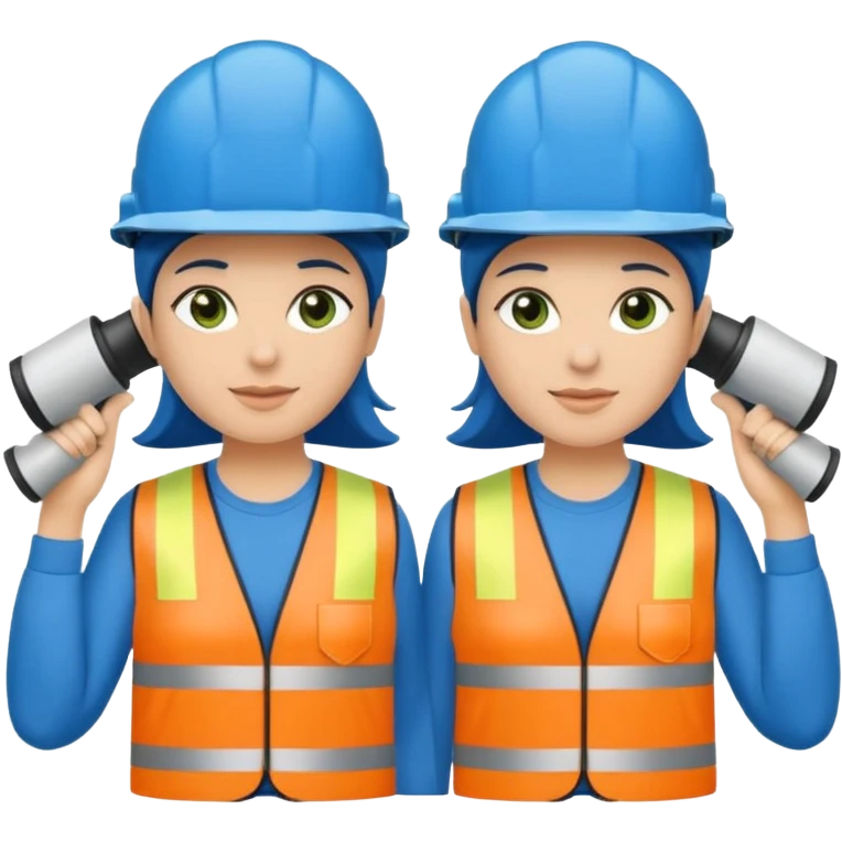 Duas pessoas com capacete de obras azul e um megafone na mão e camisa social cinza com faixas reflexivas verdes nos braços. Deve ser um homem e uma mulher. Os dois capacetes devem será azul escuro. emoji