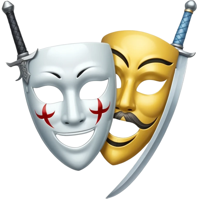 A sword in the middle, on the write sad mask and on the left happy mask emoji