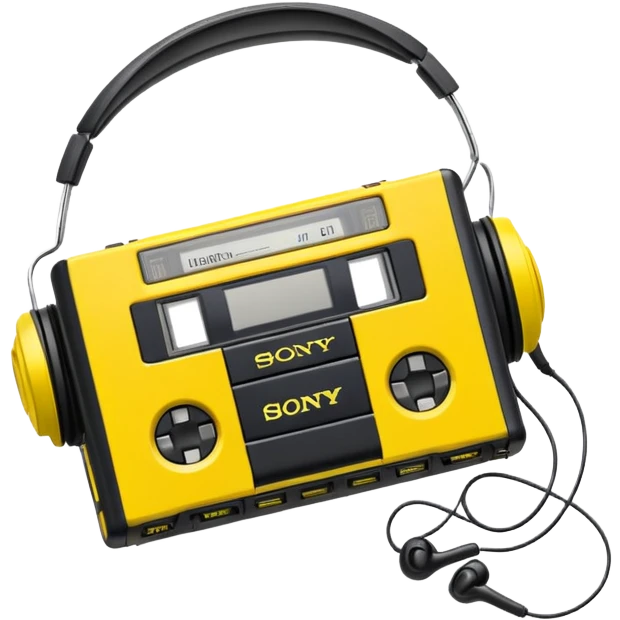 Sony Walkman cassette player from 1990s, yellow and black, with headphones emoji