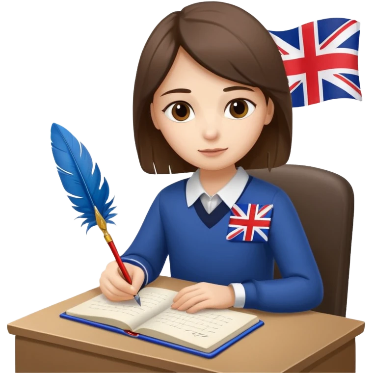 someone who is writing with a feather on a notebook, with an UK flag in the background emoji