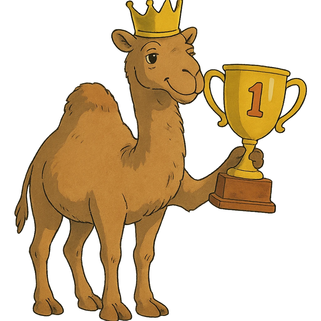 ghibli style dromedary with a crown on its head and a trophy with #1 on it emoji