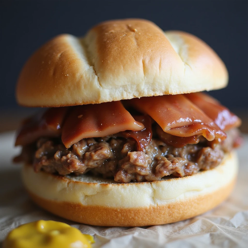 Close-up of a Leberkäse sandwich: thick, golden-brown meatloaf slice in a round, crusty, lightly floured white bun, with a small dollop of sweet Bavarian mustard on the side. Warm, inviting, and traditional. emoji