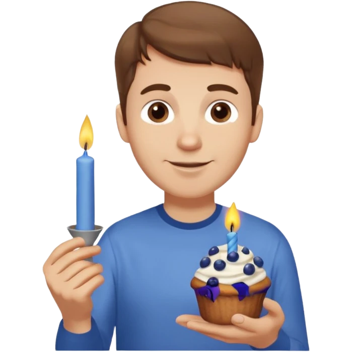 Make a white man with brown hair wearing a shirt that says happy b day Virginia holding a blueberry muffin with a birthday candle in it emoji