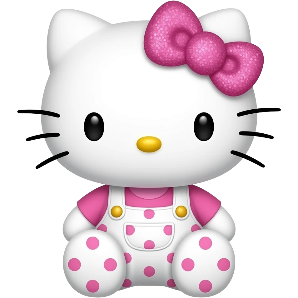 hello kitty sitting wearing white overalls with pink glittery polka dots and a pink glittery bow emoji