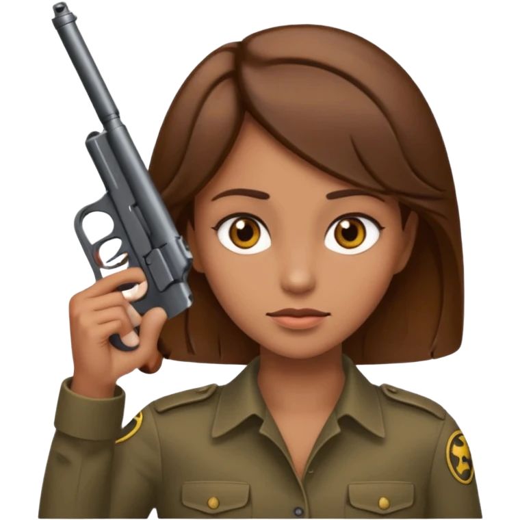 the woman emoji with brown hair and tan skin holding the gun emoji to her head with one hand emoji