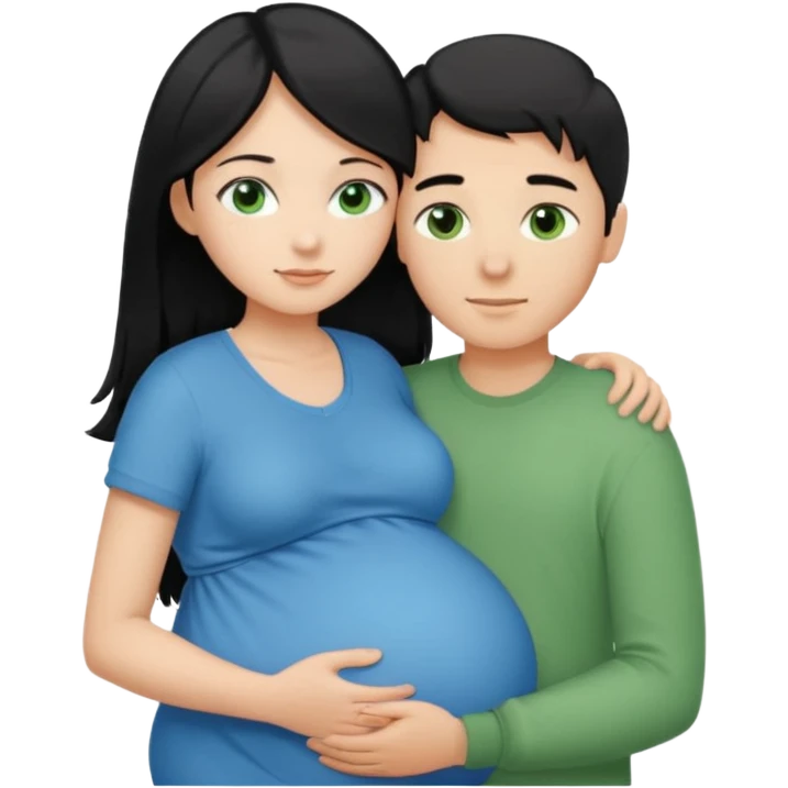 Make a couple hugging the girl is white with long black hair with blue eyes. The girl is hugging a boy with light brown short hair with green eyes. The boz is pregnant  emoji