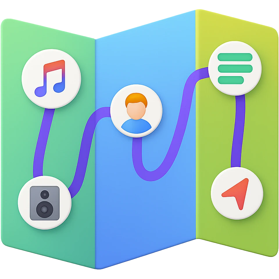 Create a new, unfolded paper map emoji in the style of Apple emojis. The map should be modern, colorful, and fresh, showing the attached digital roadmap drawing inside with a purple path and icons. It should feel like a guide for independent musicians, with no city map elements, no antique look, and no text. Transparent background. emoji