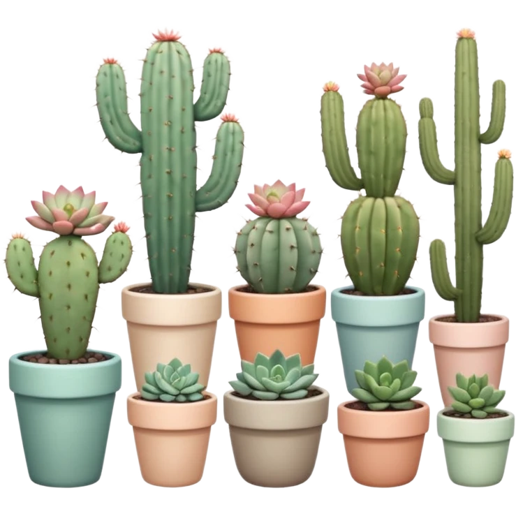 Ceramic pots in pastel colors, tall and short, round and square, containing desert cactus plants, hanging cacti, flowering cacti, echeveria succulents, and sedum succulents, placed in a row on the floor, white background emoji