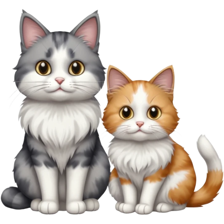 a very fluffy grey and white cat sitting next to another cat emoji