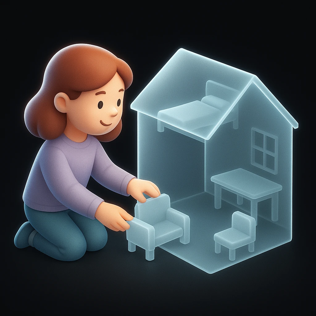 smiling girl arranging furniture in doll house emoji