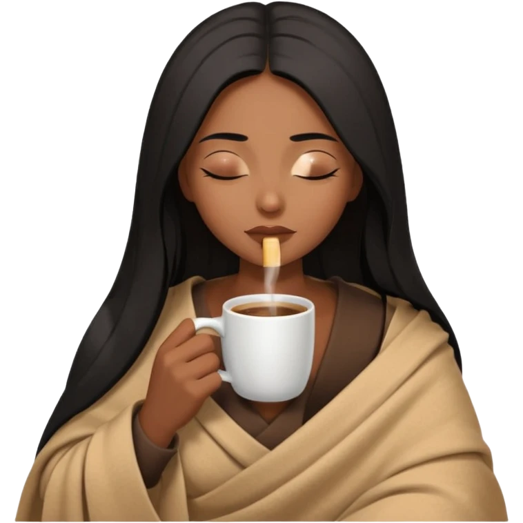 Chocolate brown girl with long straight jet black hair wrapped inside a tan blanket sipping coffee eyes closed emoji