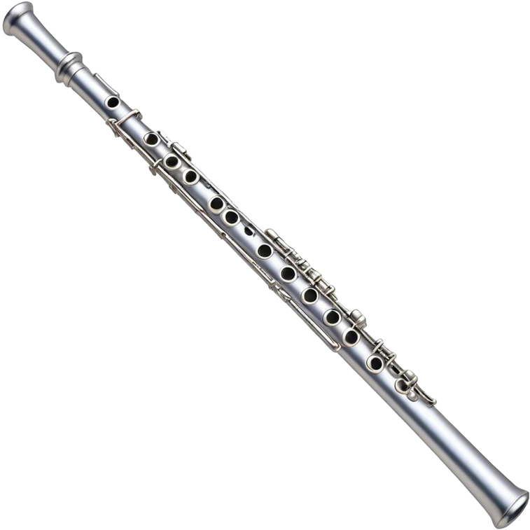 Create an elegant and refined emoji representing a classical silver flute. The design should showcase the sleek, polished silver body of the flute with its keywork and tone holes clearly visible. Highlight the smooth, straight shape of the instrument with subtle light reflections on its metal surface. The keys should be delicately detailed, with their small, round pads visible. Add a slight shine to the flute’s surface to reflect its high-quality craftsmanship. Optionally, include subtle musical notes floating around the flute to evoke its light, melodic sound. The background should be transparent. emoji