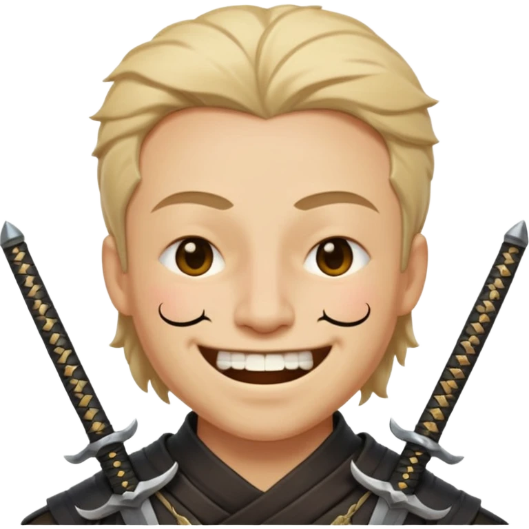 Haz que tenga una sonrisa epica una cicatriz en el ojo serrado y una espada entre los dientes y dos más a cada lado emoji