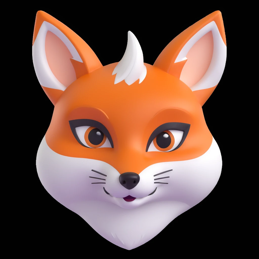 cute orange fox head with big pointed ears, white fur on cheeks and snout, small black nose, playful triangle-shaped eyes, clever and friendly expression, smooth cartoon style, Apple-style glossy finish, soft shadows, white background emoji