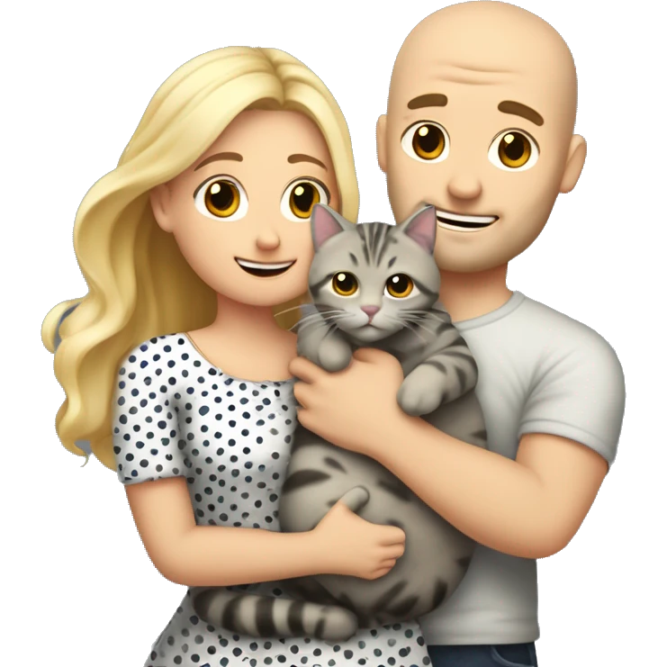 3 objects - a beautiful blonde with long hair and a polka-dotted sundress, a bald handsome man in a rock T-shirt and a fat gray cat with black spots. The man hugs the blonde and holds the cat in his hands emoji