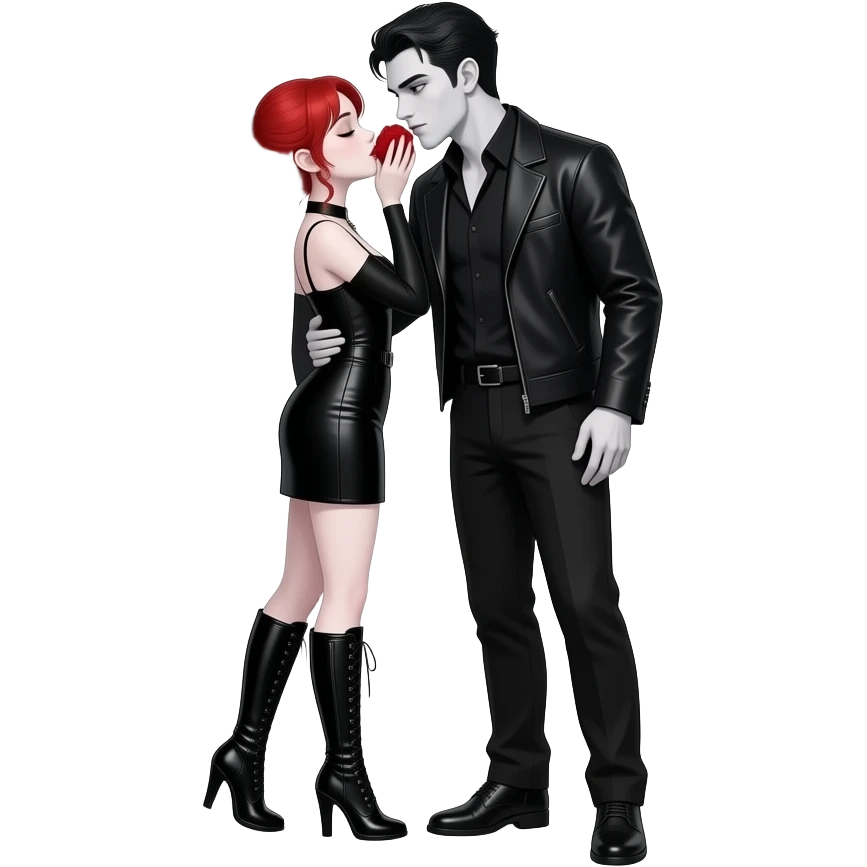 Vampiro femmina adolescente con pelle bianca e capelli rosso ondulati lunghi raccolti in una mezza coda che indossa un vestito stretto in vita con maniche lunghe nero e stivali lunghi con tacco neri che sta baciando sotto un albero nero con rose rosseil suo ragazzo VAMPIRO emoji