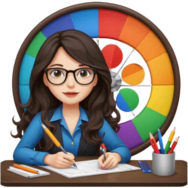 female dark wavy long hair graphic designer , big color wheel behind , pens, papers, desktop emoji