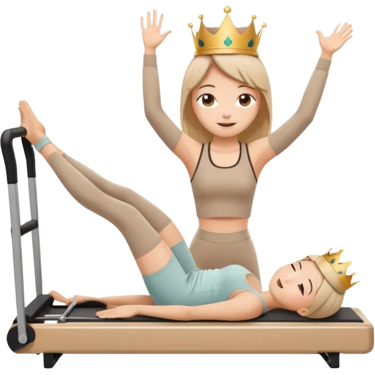 Cute sticker of a girl doing a Pilates stretch on a reformer while holding a cup of coffee in one hand. Wearing beige activewear and a small crown. Kawaii style, happy expression, vector, white outline, transparent background. emoji
