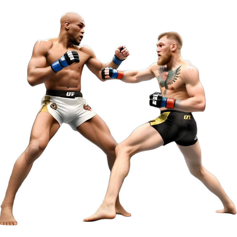 An MMA showdown between Conor McGregor and Anderson Silva in the octagon. McGregor is executing a powerful jumping strike, while Silva is expertly blocking the attack with his forearm. The background features the UFC octagon, fans in the distance, and dynamic action. Transparent background emoji
