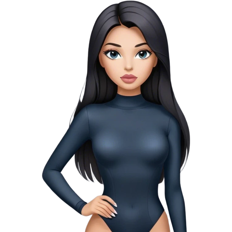 Glamours, tanned, very beautiful girl, with big pump peach-beige-rose lips, long long lashes, black straight smooth silky long hair, straight parting hair, blue-grey eyes, black long-sleeves bodysuit emoji