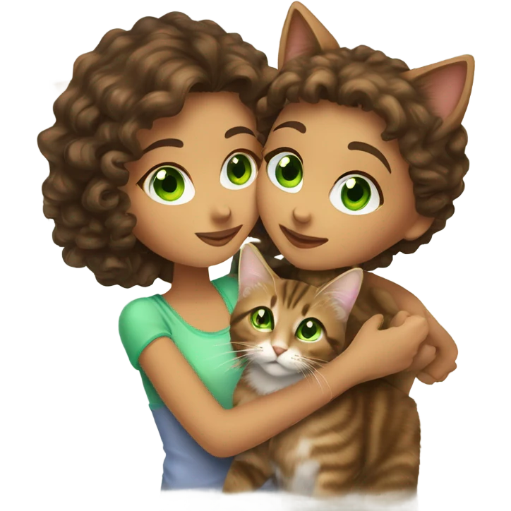 Girl with curly brown hair and hazel eyes kissing a brown tabby cat with green eyes emoji